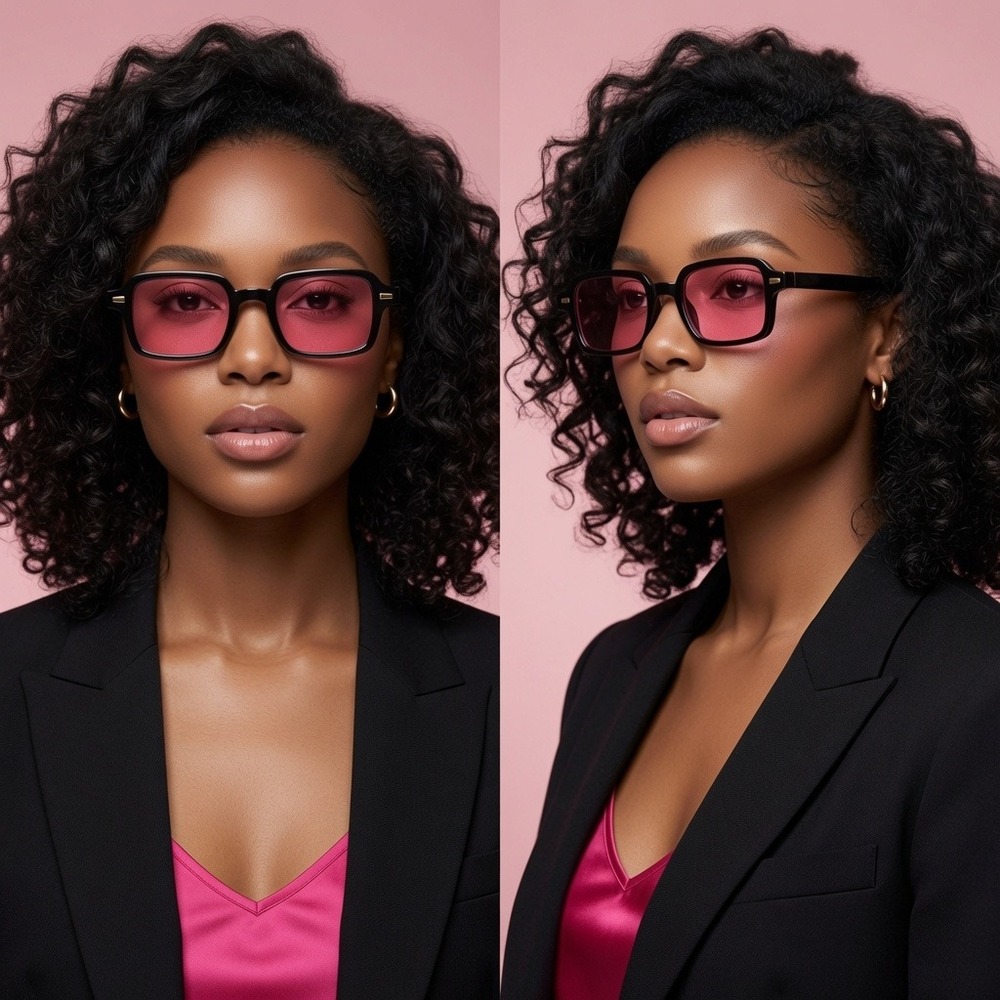 Women‎ Retro Square Sunglasses Black Frame Pink Tinted Lens Vintage Trendy Style